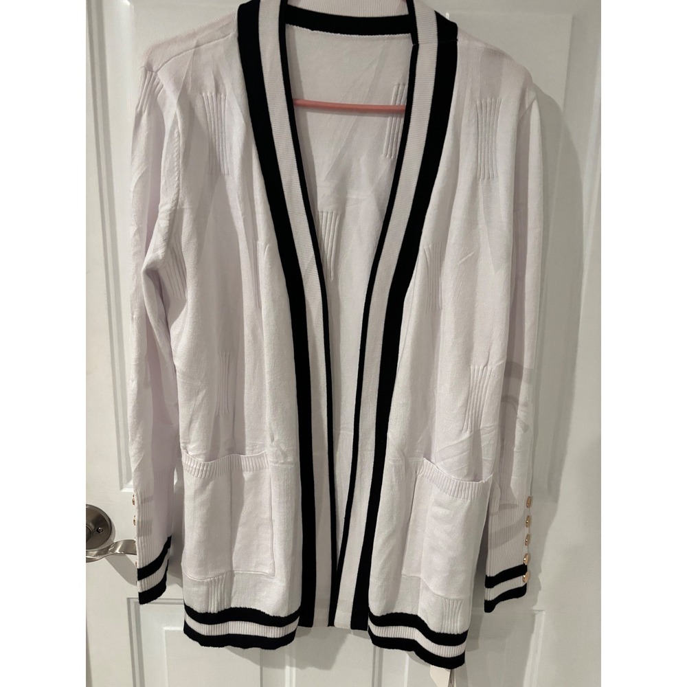 LOMON White Open Front Cardigan‎ Black Trim Gold Buttons Sz M Nautical Casual